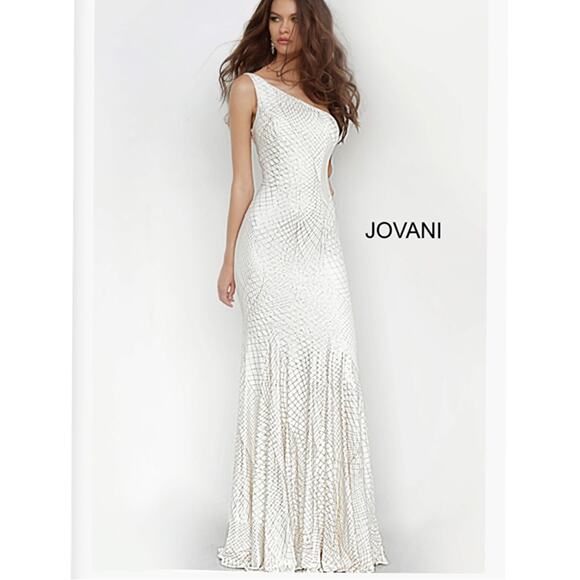 Jovani One Shoulder Trumpet Glitter Prom Dress Formal Women 8 Off White Gold